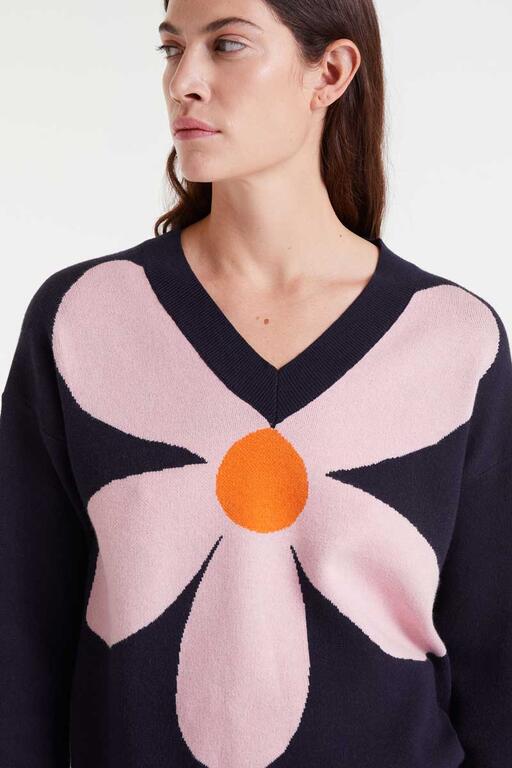 Jersey de punto jacquard con estampado big navy blue flower