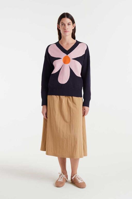 Jersey de punto jacquard con estampado big navy blue flower