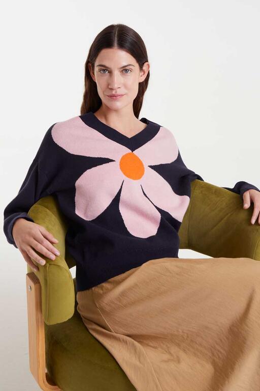 Jersey de punto jacquard con estampado big navy blue flower