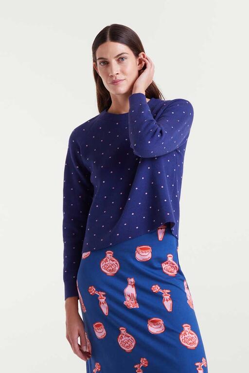 Jersey punto jacquard estampado topos mini navy blue y rosa