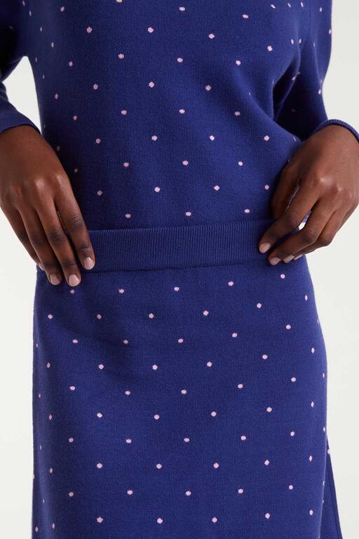 Falda midi punto jacquard estampado topos mini navy blue y rosa