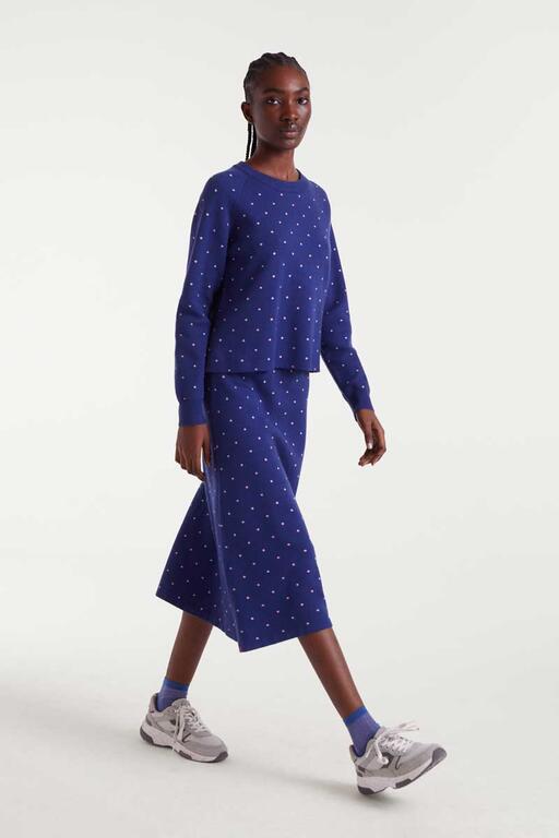 Falda midi punto jacquard estampado topos mini navy blue y rosa