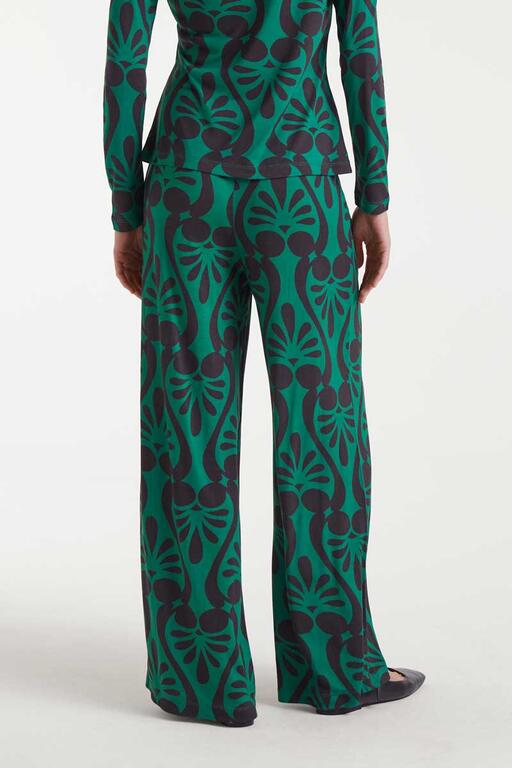 Vista trasera de pantalón con estampado Baroque verde y negro de pierna ancha de Compañía Fantástica
