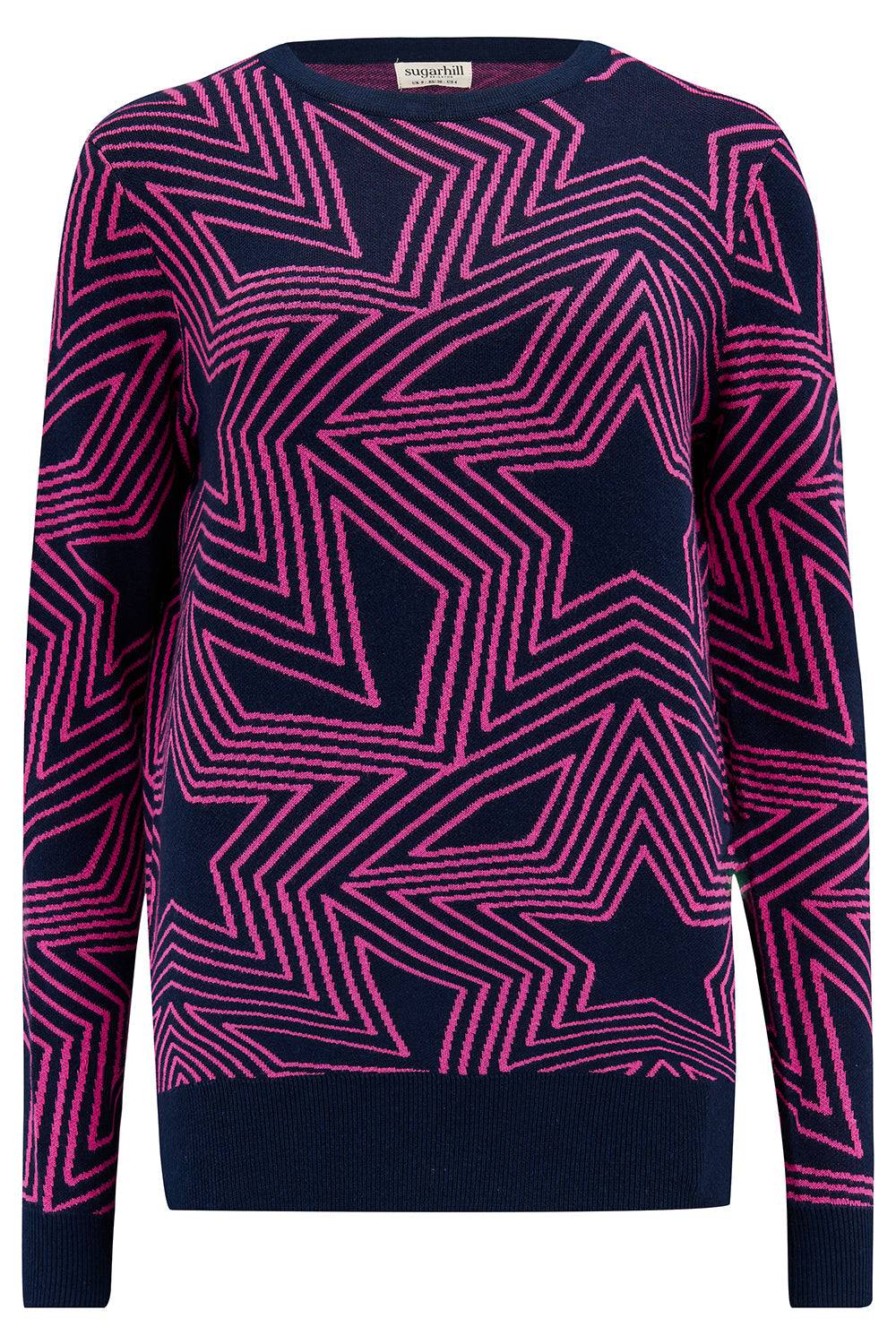 Jersey Rosie Sugar Hill Brighton multicolor con diseño de estrellas geométricas en tonos rosa y azul, ideal para looks casuales.