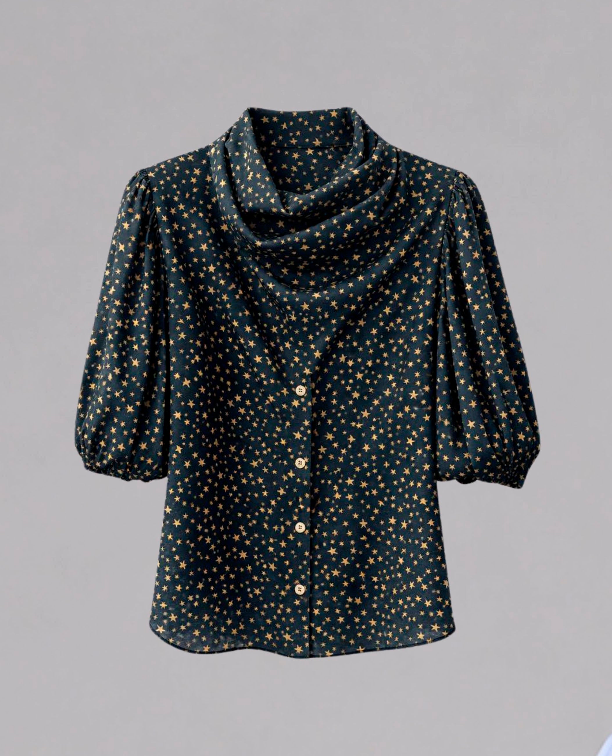 Blusa negra de estrellas con cuello drapeado Dolores Promesas