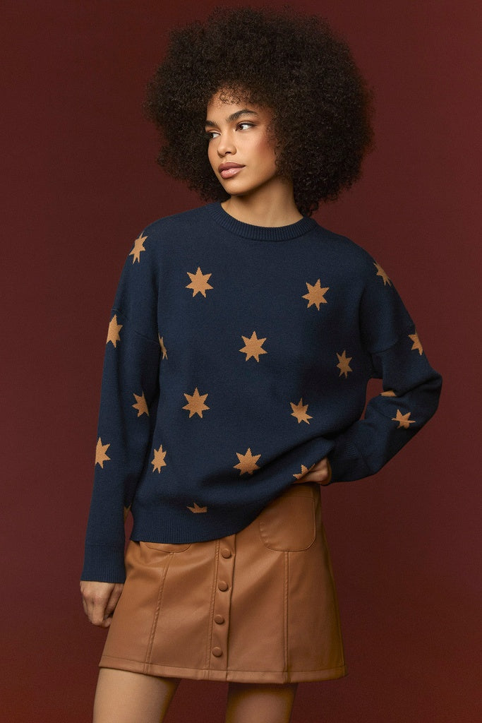 SHINE SWEATER | Jersey azul marino estampado de Minueto