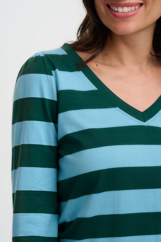 Palmella – Camiseta de manga larga con escote V a rayas verde y azul
