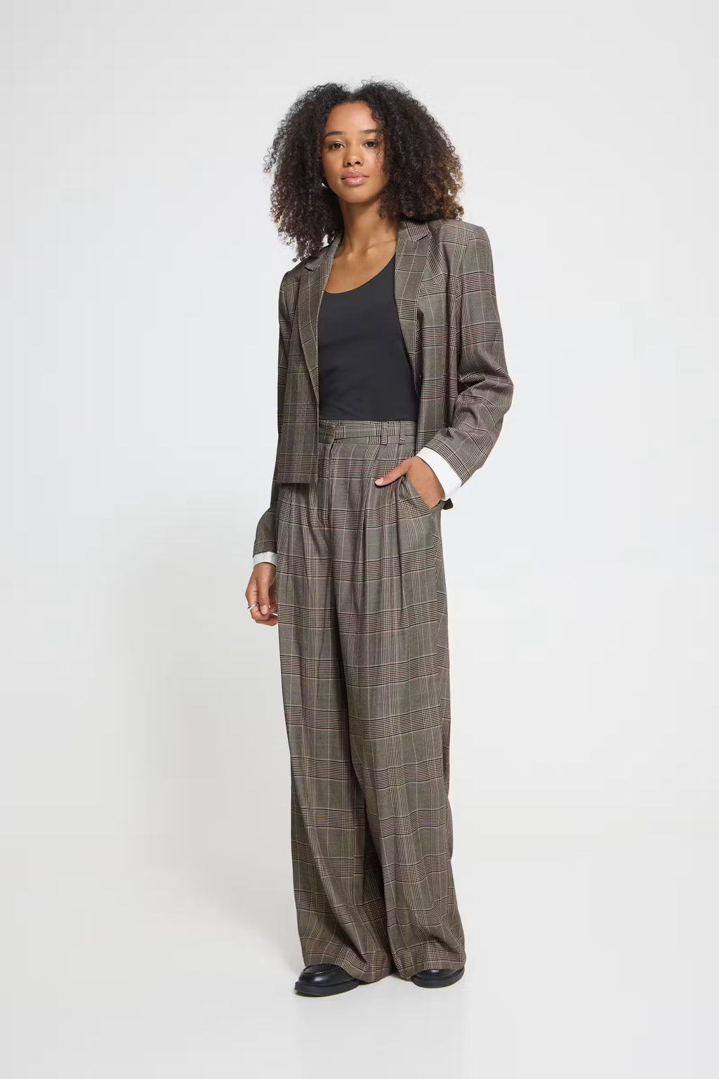 Pantalón de cuadros de pierna ancha y cintura alta ICHI