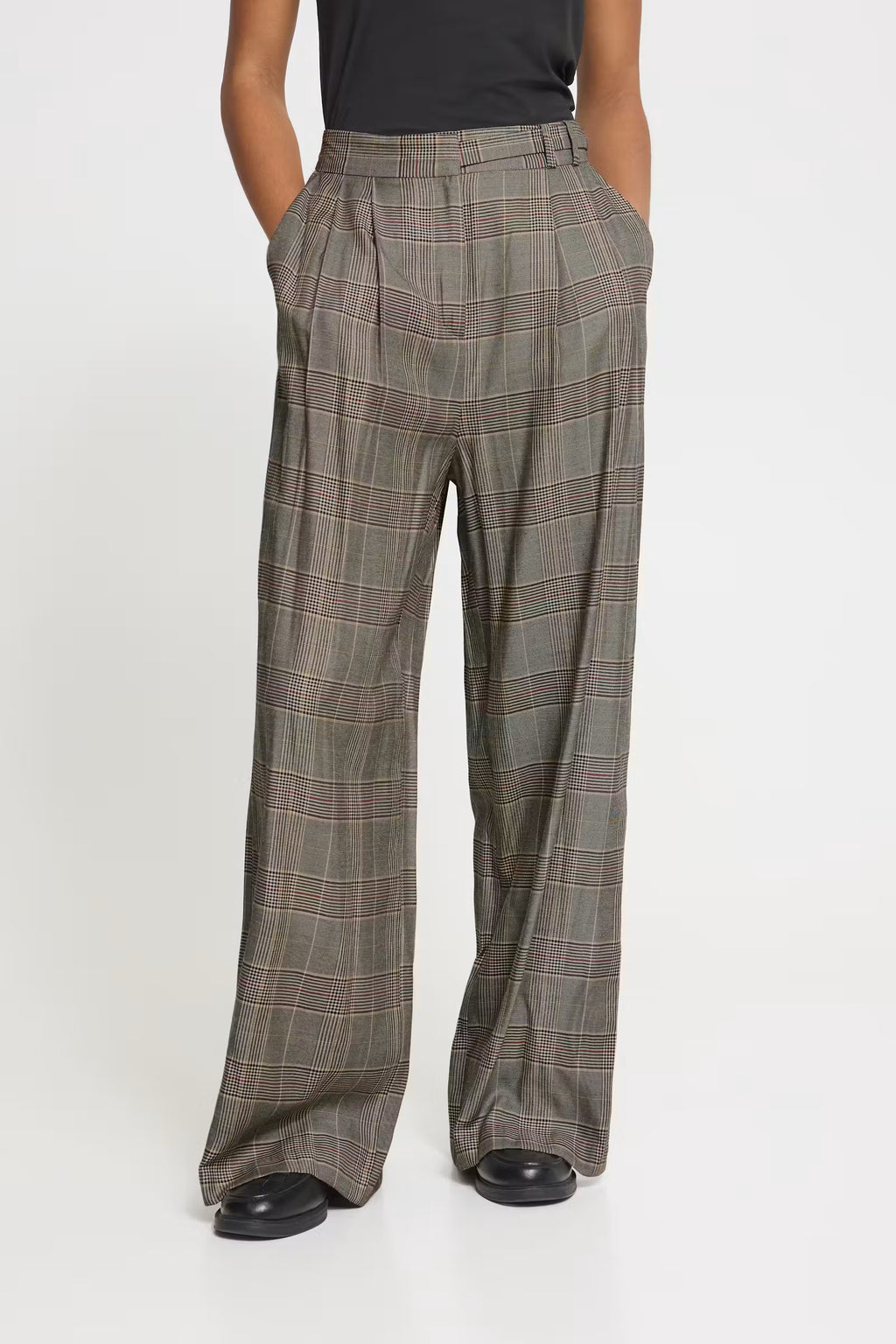 Pantalón de cuadros de pierna ancha y cintura alta ICHI
