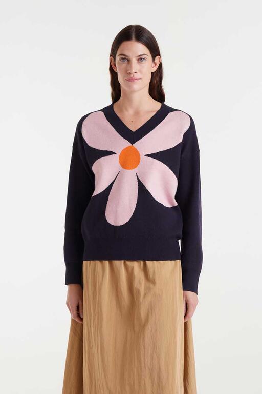 Jersey de punto jacquard con estampado big navy blue flower