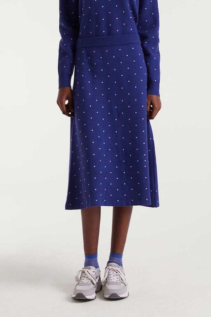 Falda midi punto jacquard estampado topos mini navy blue y rosa