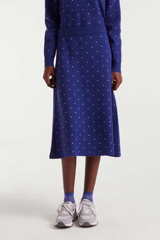 Falda midi punto jacquard estampado topos mini navy blue y rosa