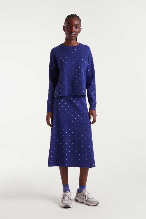 Falda midi punto jacquard estampado topos mini navy blue y rosa