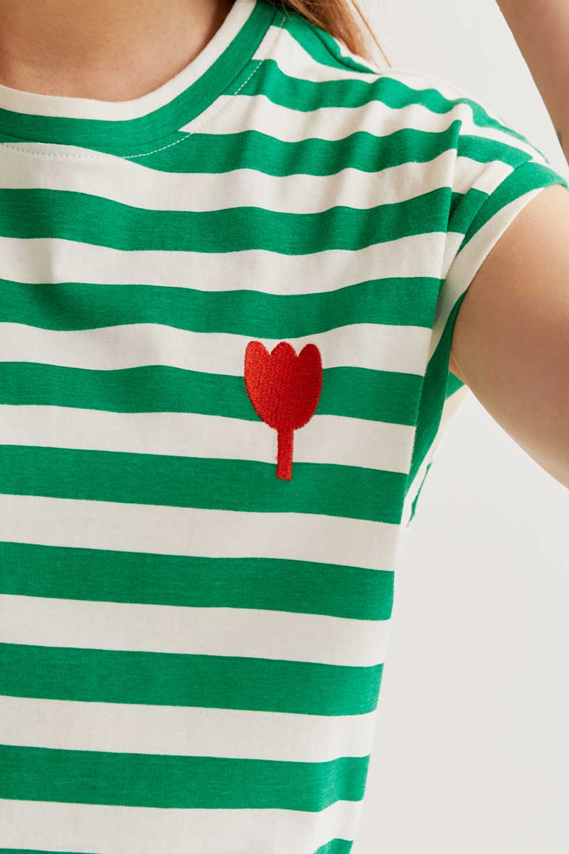 Camiseta rayas verde bordado tulipán