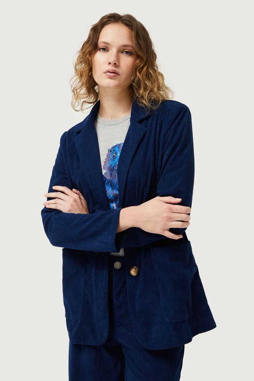 Blazer de pana azul marino Compañía Fantástica azul liso, estilo sofisticado para mujer, con botones decorativos y diseño contemporáneo.
