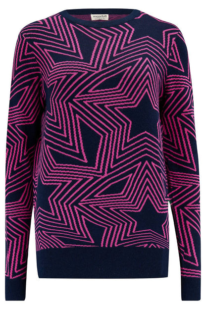Jersey Rosie Sugar Hill Brighton multicolor con diseño de estrellas geométricas en tonos rosa y azul, ideal para looks casuales.