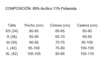 Tabla de tallas del jersey de textura blanco y negro Wild Pony, con medidas de pecho, cintura y cadera en centímetros.
