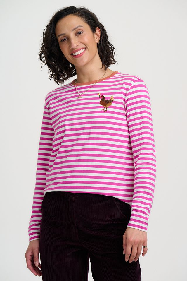 Brunswick – Camiseta de manga larga a rayas rosa con bordado de gallina
