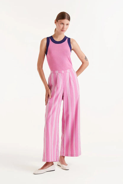 Pantalón Recto Estampado De Rayas Rosas