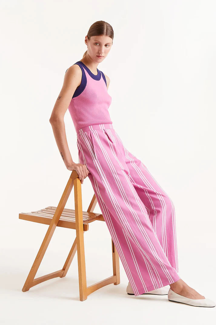 Pantalón Recto Estampado De Rayas Rosas