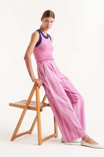 Pantalón Recto Estampado De Rayas Rosas