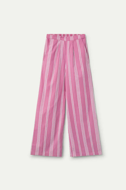 Pantalón Recto Estampado De Rayas Rosas