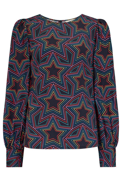 Top Ronnie Sugar Hill Brighton negro con estampado de estrellas multicolores, manga larga y ajuste relajado. Hecho de 100 % viscosa LENZING™ ECOVERO™.