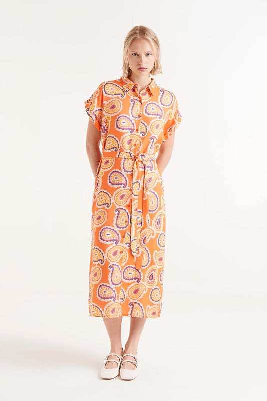 Vestido Midi Camisero Estampado Ameba. Modelo con vestido midi camisero estampado en tonos vibrantes.