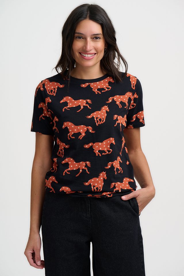 Camiseta de mujer con estampado de caballos y estrellas
