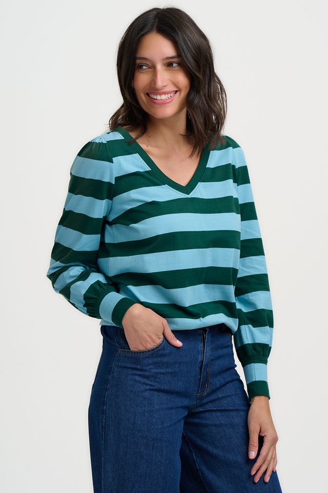Palmella – Camiseta de manga larga con escote V a rayas verde y azul
