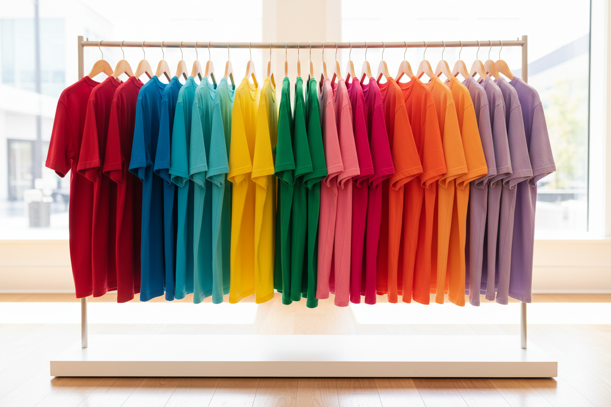 CAMISETAS DE COLORES COLGADAS EN UN PERCHERO