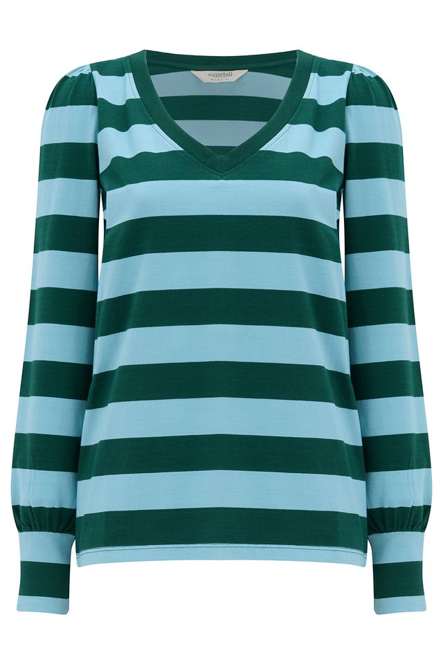 Palmella – Camiseta de manga larga con escote V a rayas verde y azul