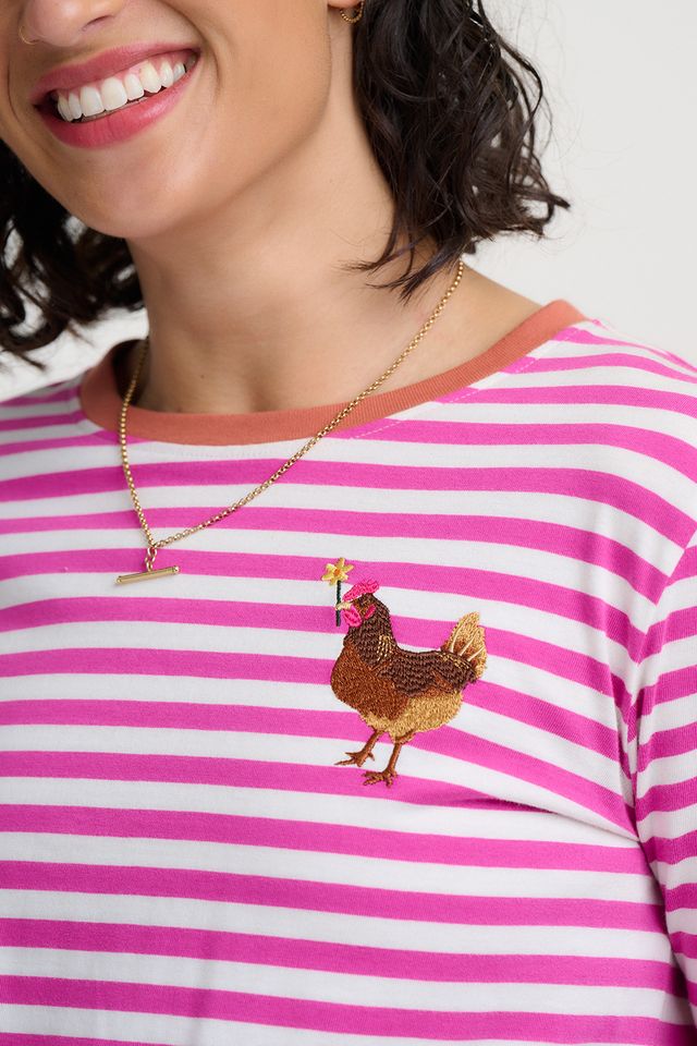 Brunswick – Camiseta de manga larga a rayas rosa con bordado de gallina