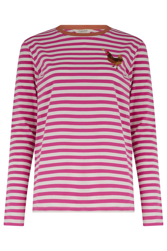 Brunswick – Camiseta de manga larga a rayas rosa con bordado de gallina
