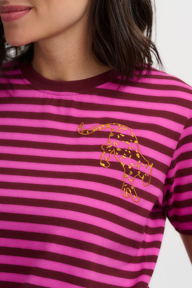 Maggie – Camiseta de algodón orgánico a rayas con bordado de leopardo