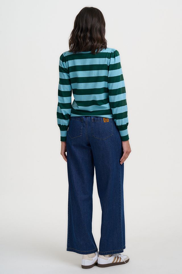 Palmella – Camiseta de manga larga con escote V a rayas verde y azul