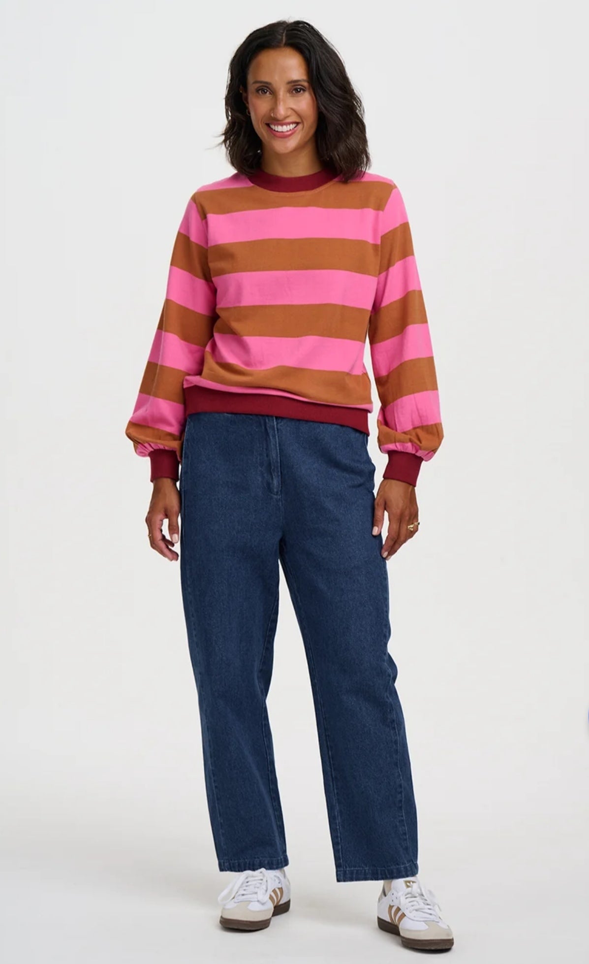 Mindy – Sudadera de mujer a rayas rosa y marrón