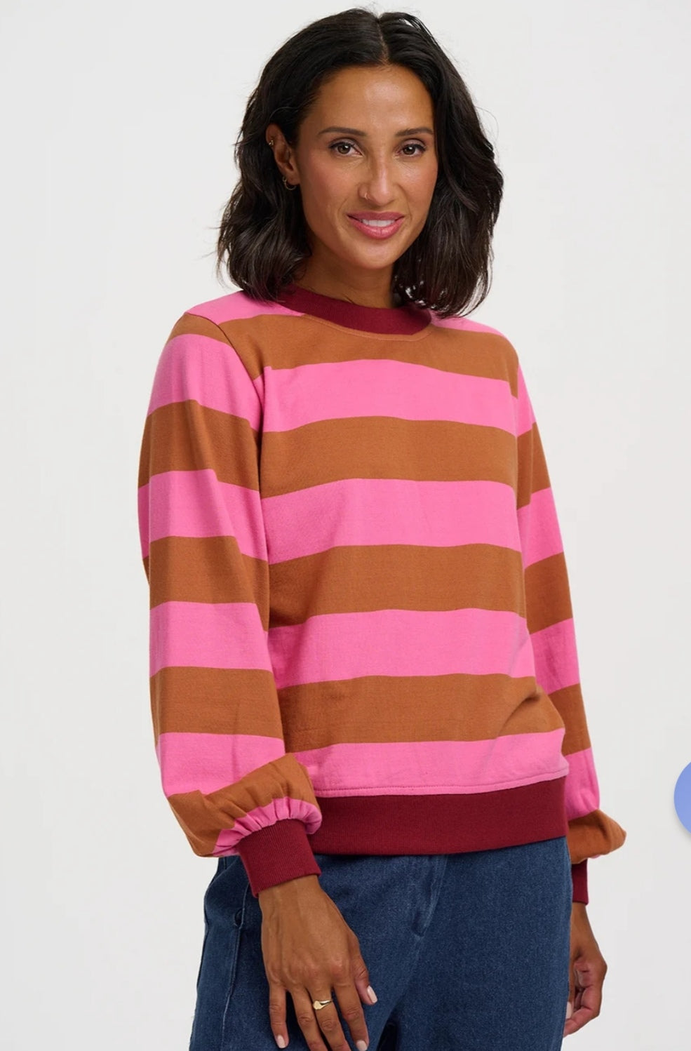 Mindy – Sudadera de mujer a rayas rosa y marrón