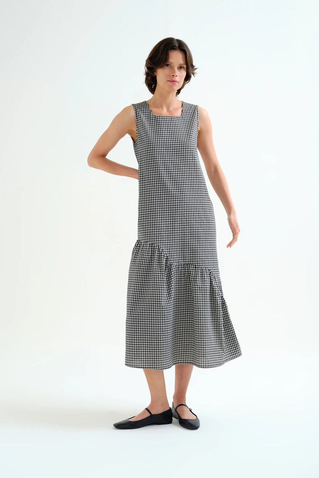 Vestido midi cuadro Vichy negro