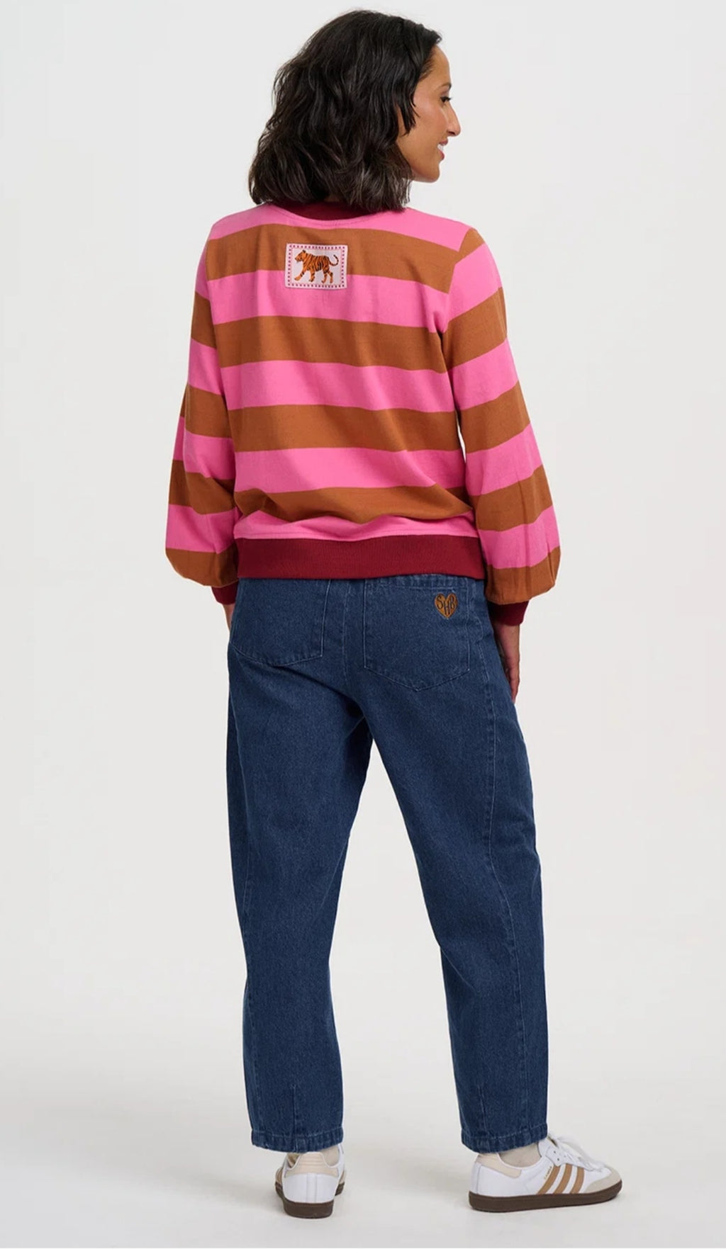 Mindy – Sudadera de mujer a rayas rosa y marrón